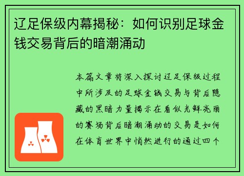 辽足保级内幕揭秘:如何识别足球金钱交易背后的暗潮涌动 辽足保级内幕揭秘:如何识别足球金钱交易背后的暗潮涌动